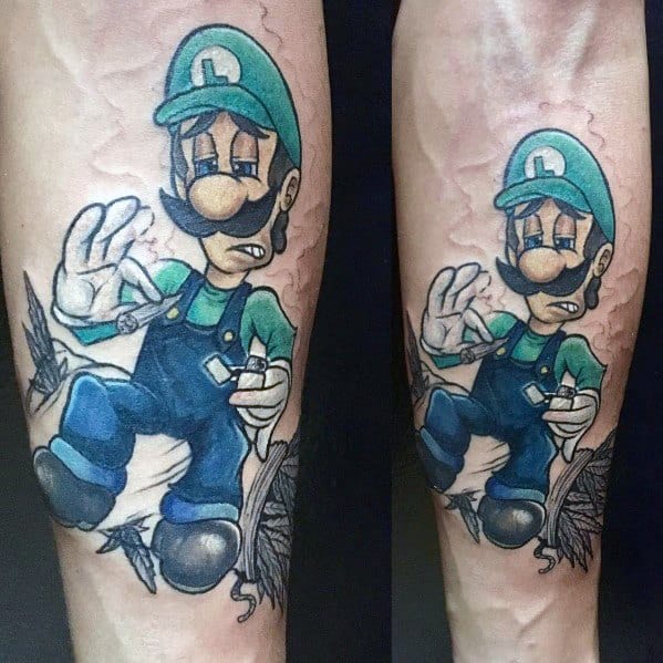 Tattoo of a weary Luigi sitting with a tired expression, holding a wrench, with a cracked background texture adding depth and detail.