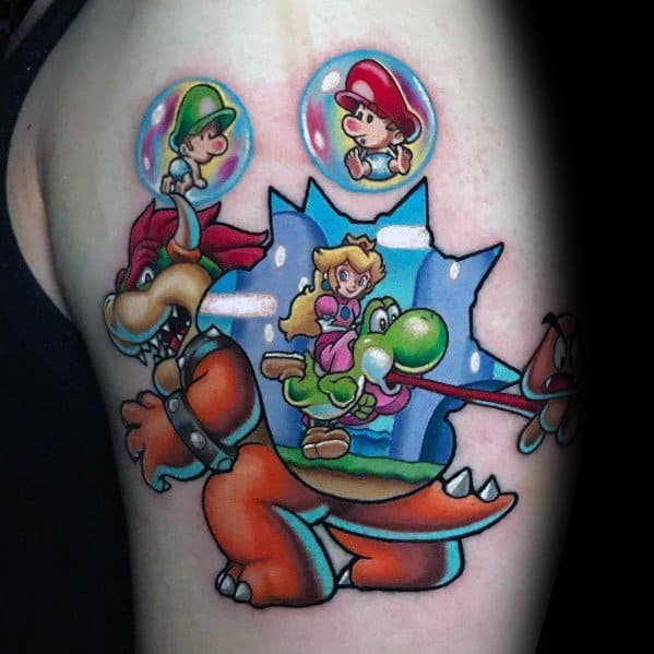 Colorful *Super Mario* tattoo featuring Bowser, Yoshi carrying Princess Peach, and Baby Mario and Baby Luigi in bubbles, capturing a fun gaming scene.
