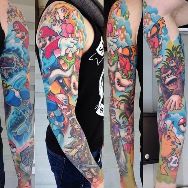 Epic full-sleeve *Nintendo* tattoo featuring *Super Mario*, *Donkey Kong*, *Pokémon*, *Zelda*, and *Mega Man*, blending vibrant colors and iconic characters.