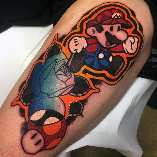 Bold *Super Mario* tattoo featuring a neo-traditional style with thick outlines, a blue rose, a Super Mushroom, and vibrant contrasting colors.