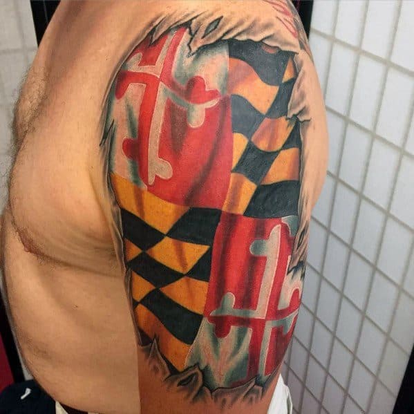 Maryland flag tattoo on the upper arm with a torn skin effect, creating a bold 3D illusion of the flag beneath the surface.