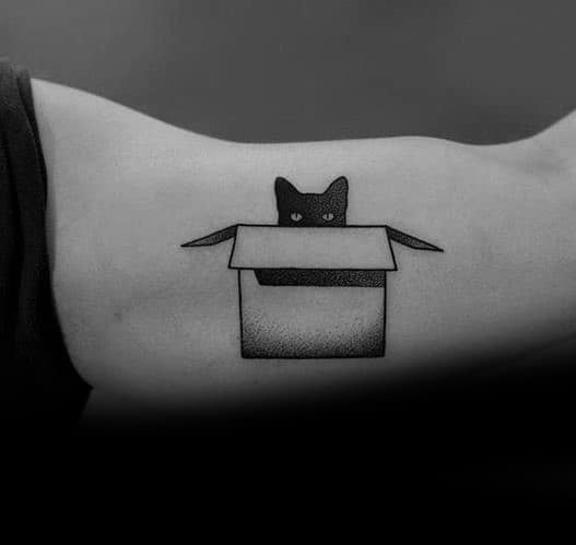 Minimalist black cat tattoo peeking out of a box, featuring clean lines and subtle shading for a simple and playful design.
