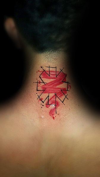 Neck tattoo featuring the Red Hot Chili Peppers logo with a watercolor red brushstroke effect and abstract black line details for a modern look.