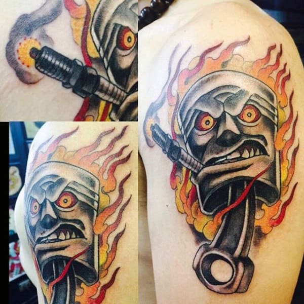 Tattoo Of Hot Rod Piston On Man Flaming