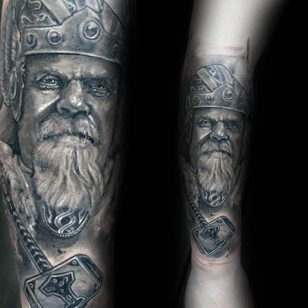 Tattoo Of Mjolnir And Thor Mens Forearm Shaded Design