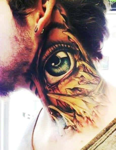 Realistic eye tattoo on the side of a person's neck