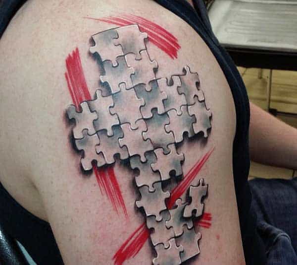 Tattoo Puzzle Pieces For Guys Of Cross On Arm