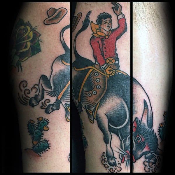 Traditional-style tattoo of a cowboy riding a bucking bull, featuring bold outlines, vibrant colors, dynamic motion, and Western elements like cacti and a flying hat.