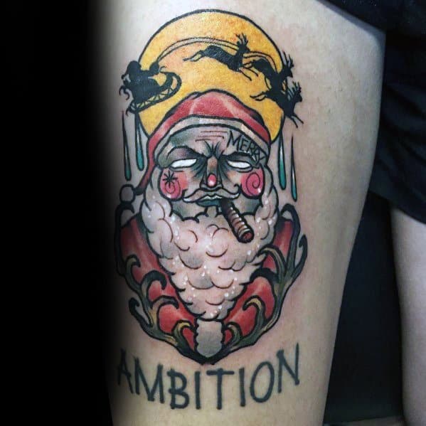 Bold neo-traditional Santa Claus tattoo with a rugged look, featuring a cigar, "Merry" forehead tattoo, dripping icicles, and a sleigh silhouette under a moon.