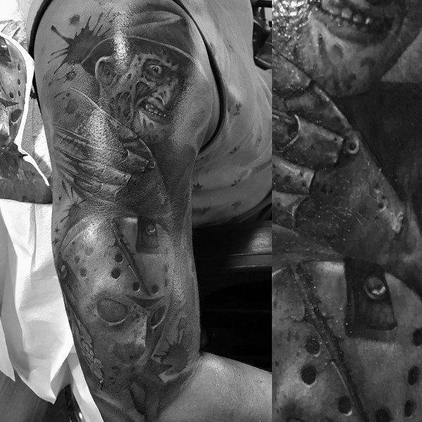 Black and grey horror tattoo sleeve featuring Jason Voorhees and Freddy Krueger, with intense shading and eerie details for a terrifying look.