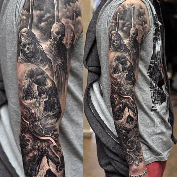 Full sleeve tattoo with dark, eerie skeleton and ghostly figures in black and gray ink
