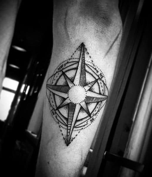 Geometric compass tattoo with fine dotwork and bold lines, symbolizing direction, precision, and a strong sense of purpose.
