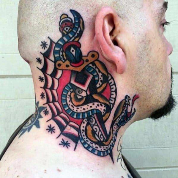 Traditional snake and dagger tattoo on the neck, featuring bold black, red, and blue ink with web-like details and classic old-school shading.
