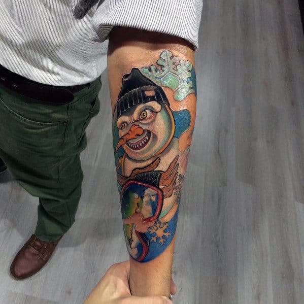Edgy snowman tattoo with a mischievous grin, wearing a beanie, holding a snowboard, and featuring dynamic details, blending winter sports with attitude.