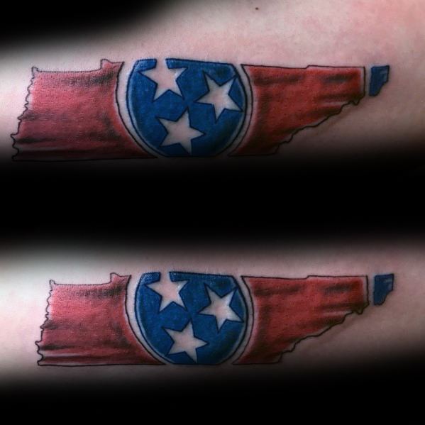 Tennessee state-shaped tattoo featuring the three-star emblem, with a rustic, torn flag effect for a bold and patriotic look.