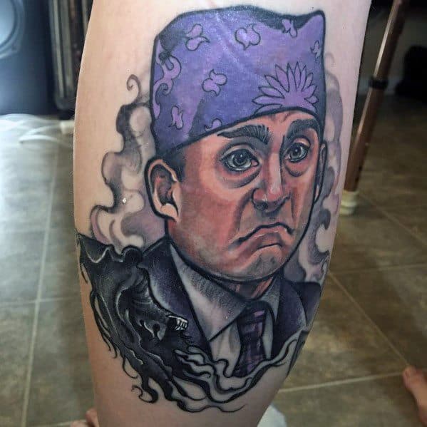 Color tattoo of Michael Scott as "Prison Mike" from *The Office*, featuring his iconic purple bandana and a Dementor, referencing his infamous prison speech.