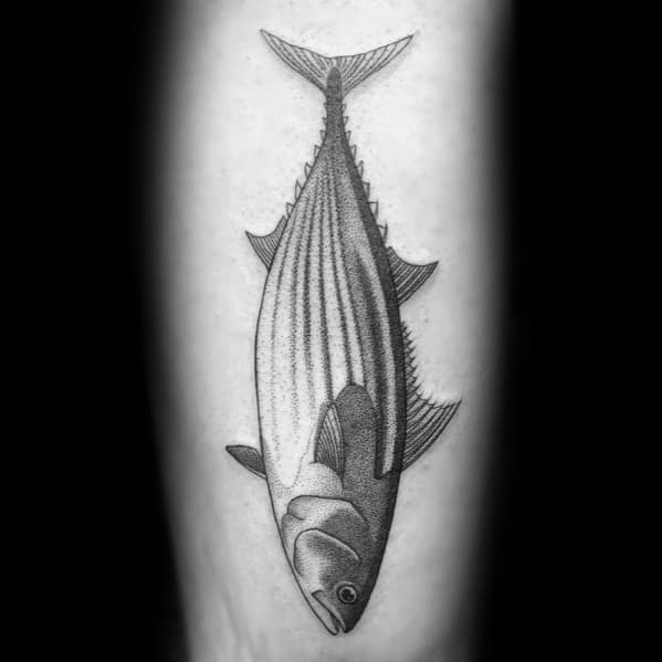 Black and grey dotwork tuna fish tattoo on a man's forearm, featuring fine line details and smooth shading for a realistic yet minimalist design.