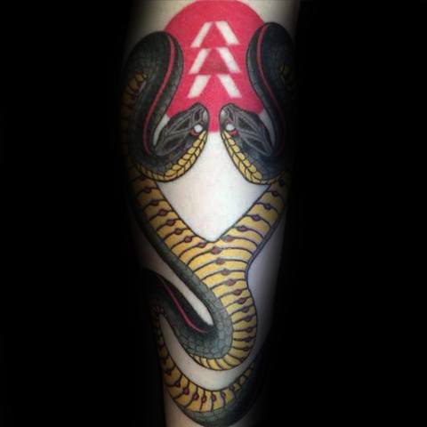 Two-headed snake tattoo with bold black and yellow scales, coiled beneath a red geometric symbol for a striking and powerful design.