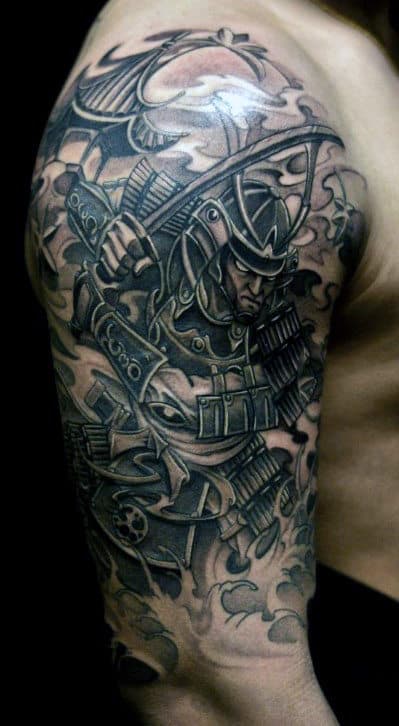 Tattoo of a samurai warrior on a person's upper arm and shoulder