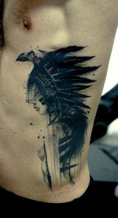 Black tattoo of a woman wearing an elaborate headdress on a person's side torso