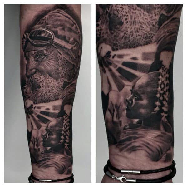 Black and gray tattoo sleeve featuring detailed portraits and geometric designs