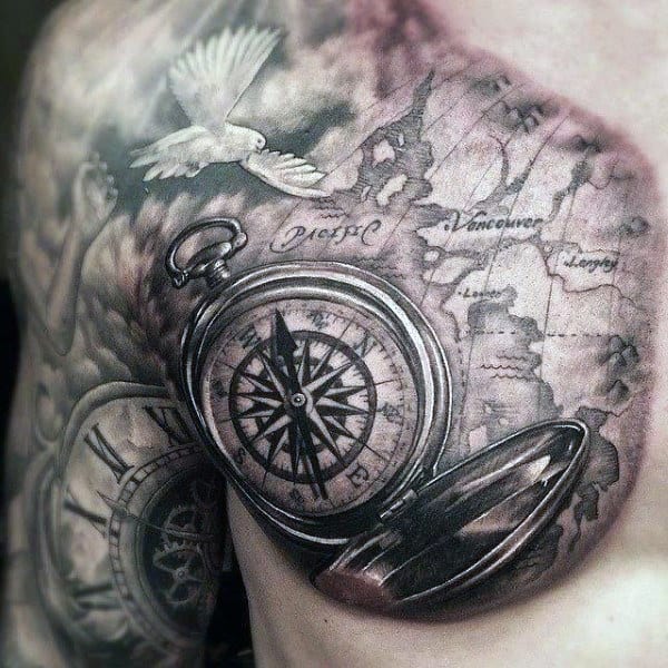 Tattoos Of A Compass On Man