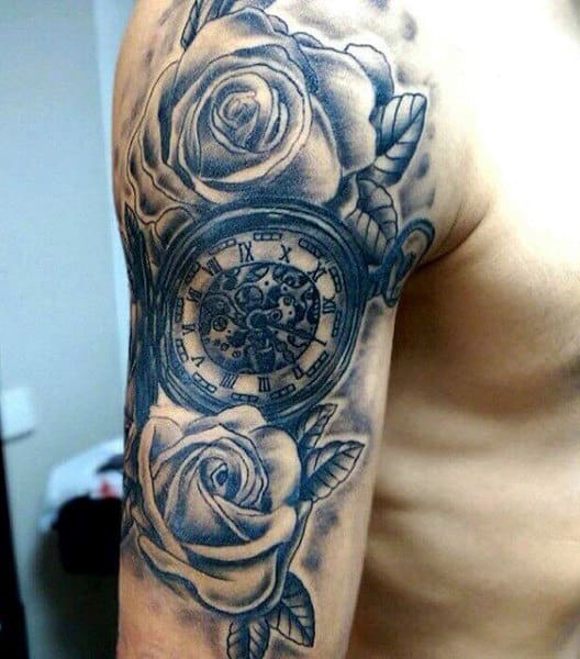 Bicep Tattoos Of Clocks For Men