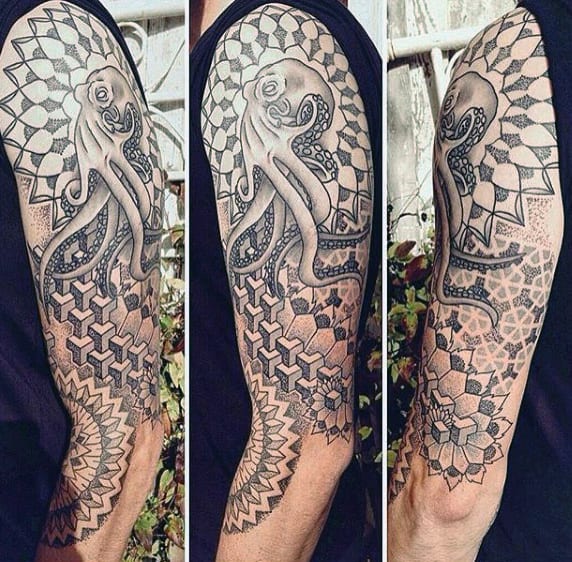 Three partial arm views with geometric and octopus tattoos in black ink