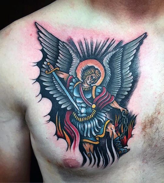 Tattoos Of Saint Micheal For Men On Chest