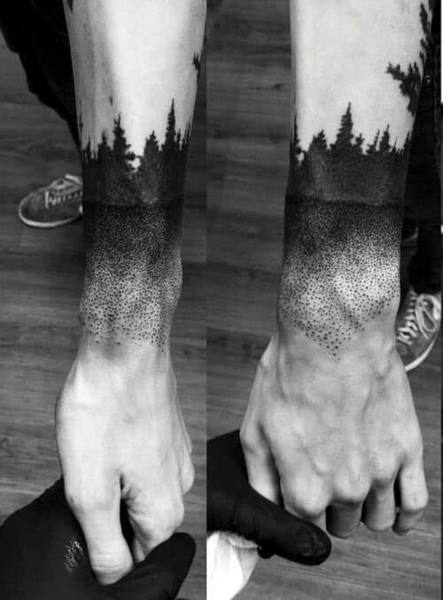 Forearm tattoo of a dark forest transitioning into dots, shown from two angles