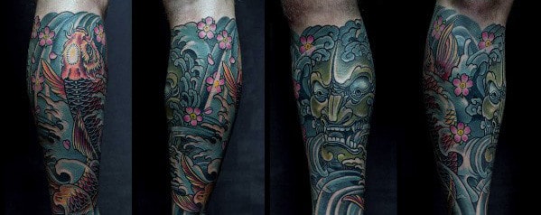 Detailed leg sleeve tattoo with Japanese-themed design