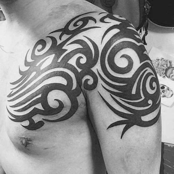 Tattoos Tribal Arm And Chest For Guys With Traditional Black Ink Design