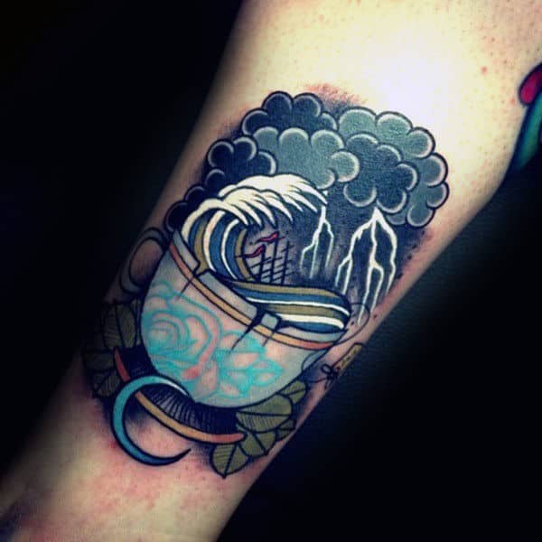 Tea Cup With Ocean Waves Insane Creative Guys Arm Tattoos
