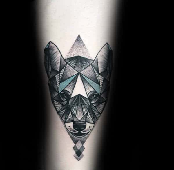 Teal And Black Geometric Wolf Ink Male Tattoos