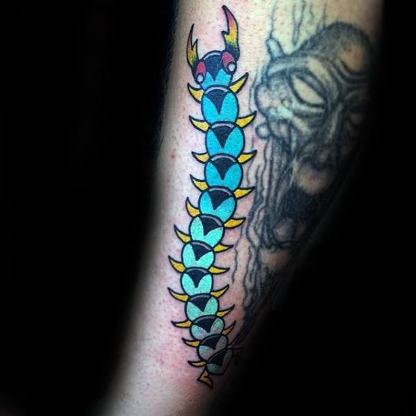 Teal Blue Ink Forearm Mens Tattoo Ideas With Centipede Design