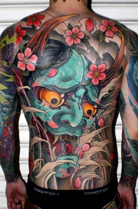 Teal Hannya Demon Mask Guys Japanese Back Tattoos