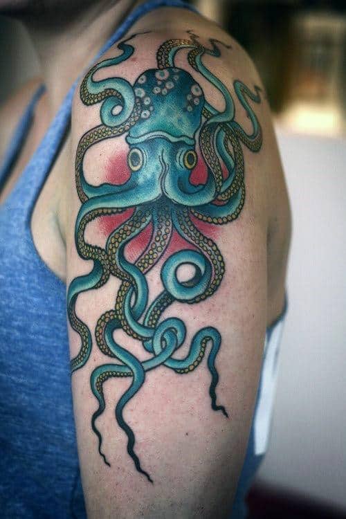 A colorful octopus tattoo on an upper arm