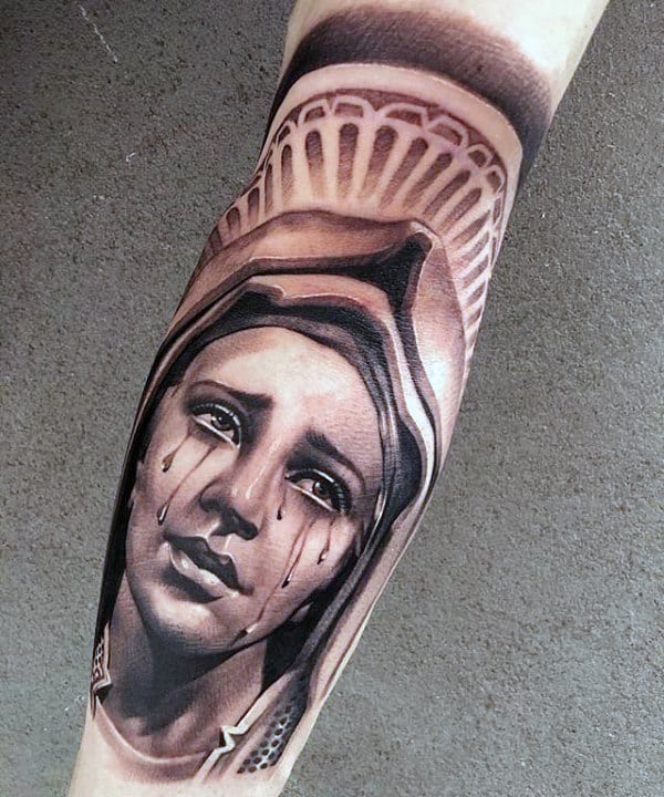 Tearful Virgin Mary Mens Back Of Leg Tattoo