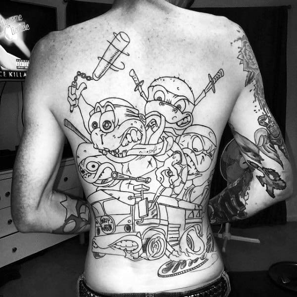 Teenage Mutant Ninja Turtle Themed Black Ink Outline Mens Full Back Tattoos