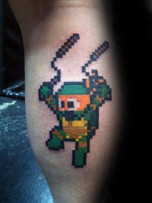 Teenage Mutant Ninja Turtles 8 Bit Leg Calf Tattoo Ideas For Guys