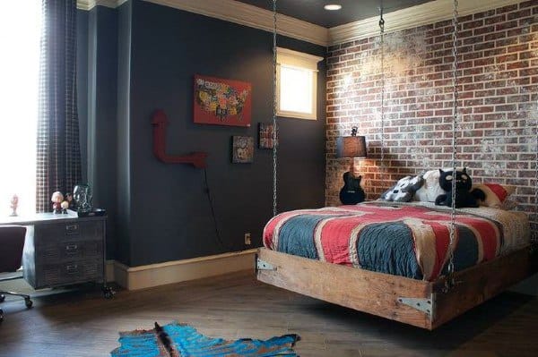 cool kids bedroom hanging bed brick accent wall