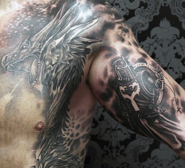 Templar Knights Tattoos For Men With Dragon On Chest And Arm