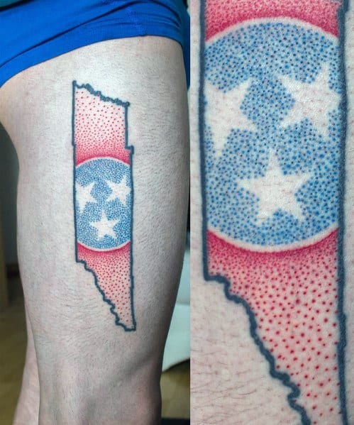 Tennessee state-shaped tattoo with the three-star emblem, featuring a unique dotwork shading effect for a modern and artistic look.