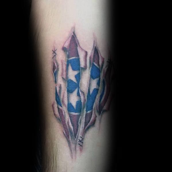 Tennessee flag tattoo with a torn skin effect, revealing the three-star emblem beneath for a bold and patriotic design.