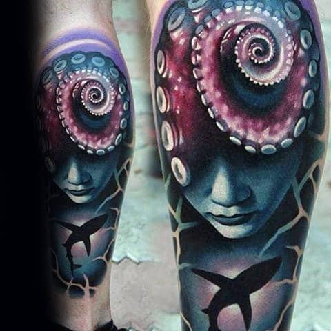Tentacle With Female Portrait Artistic Male Leg Sleeve Tattoo