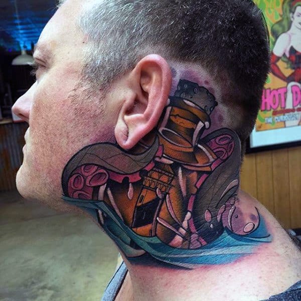 Tentacles Of Octopus Wrapped Around Bottle Mens Insane Neck Tattoo