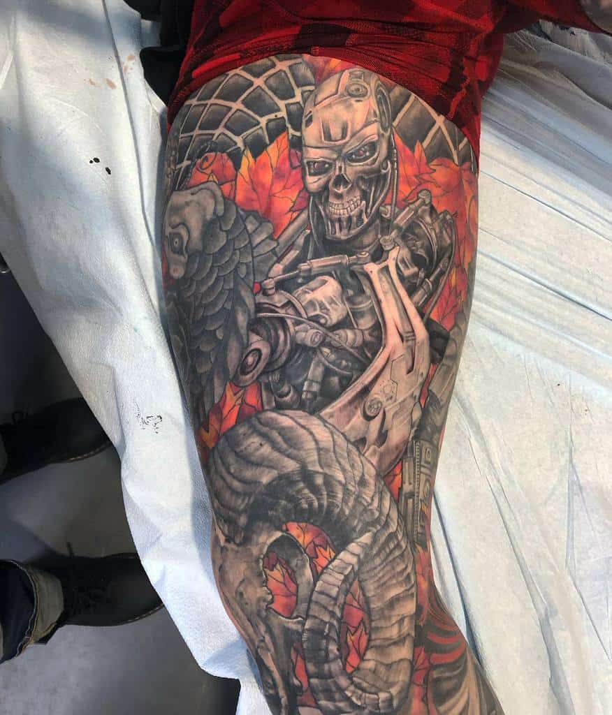 Terminator colour leg sleeve tattoo

