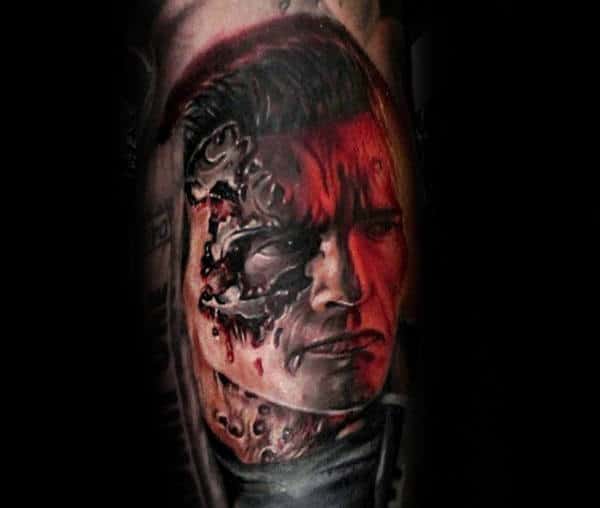 Terminator With Bullets In Cyborg Mens Bicep Tattoo Design Ideas