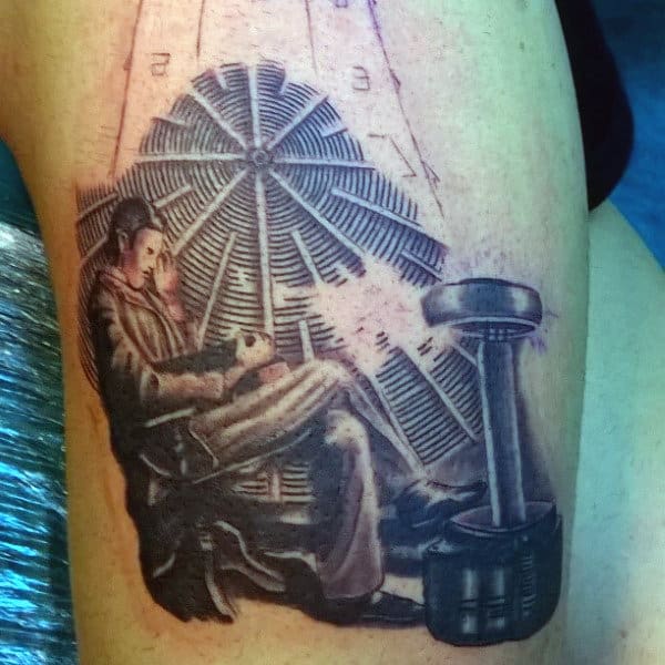 Tesla Mens Science Tattoo On Thigh