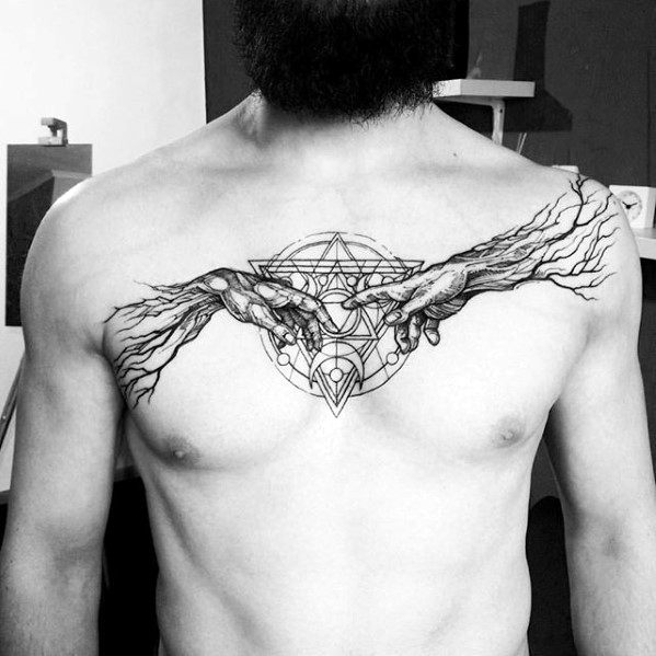 The Creation Of Adam Geometric Chest Mens Tattoo Ideas